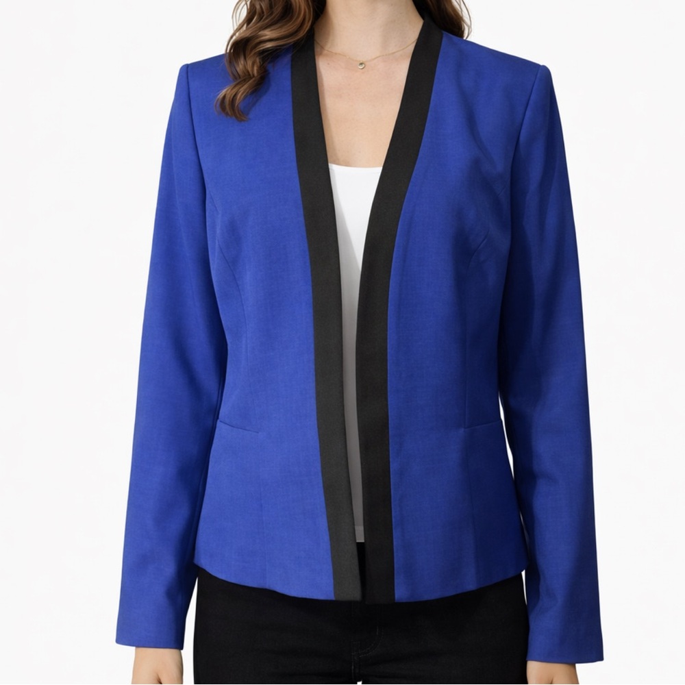 Kasper Suit Jacket Blazer 12 Blue Black Trim Open Front Classic Career Polyester